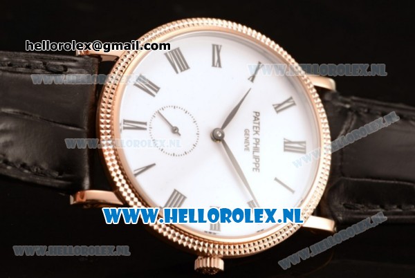 Patek Philippe Calatrava Small Seconds Miyota 9015 Automatic Rose Gold Case with White Dial Roman Numberal Markers and Black Genuine Leather Strap (GF) - Click Image to Close